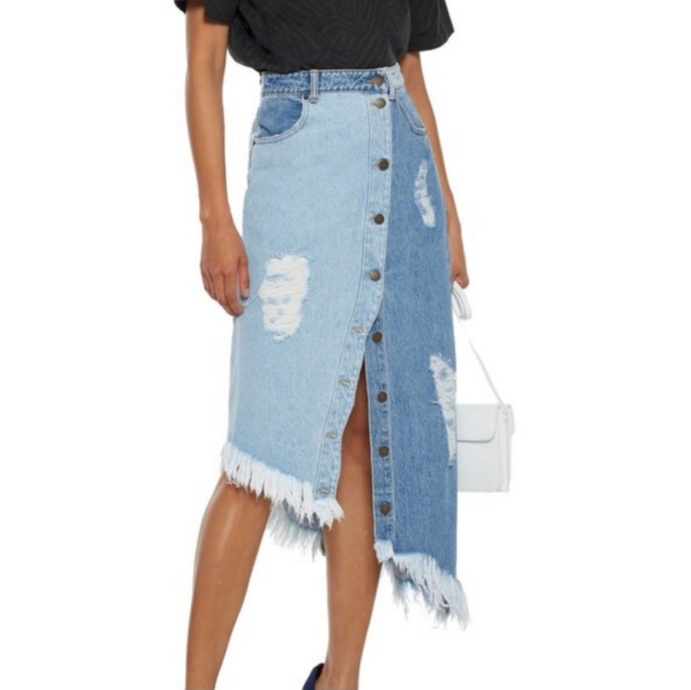 Retrofete Maude Asymmetric Distressed Two-Tone Denim Midi Skirt Small